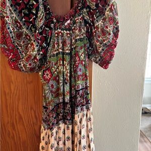 Bohemian Floral Midi Dress in Red, Green & Cream